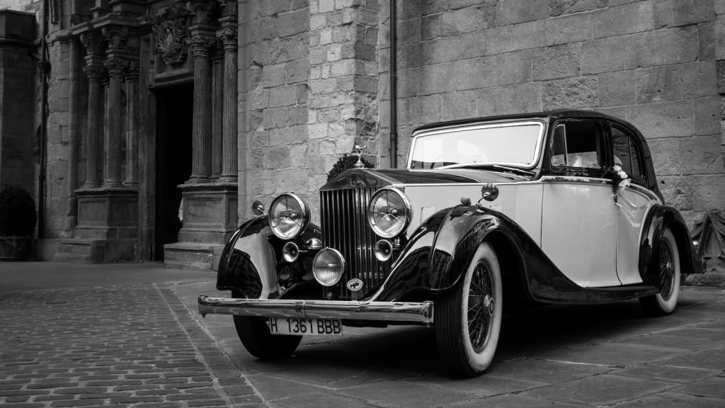 grayscale photography of car